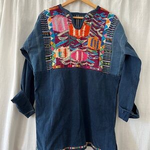 1970s Guatemalan Indigo Denim with Needlepoint Embroidery Folk Shirt